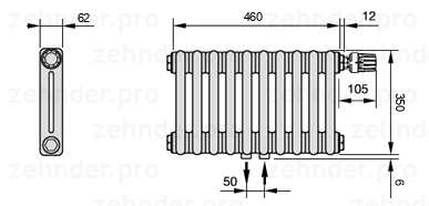 Схема (чертеж) Радиатор Zehnder Charleston 2035/10 №V008 Белый глянцевый RAL 9016